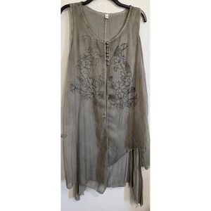 Linen Blend Floral Embroidered Layered Tunic Top Sage Green Sleeveless M
